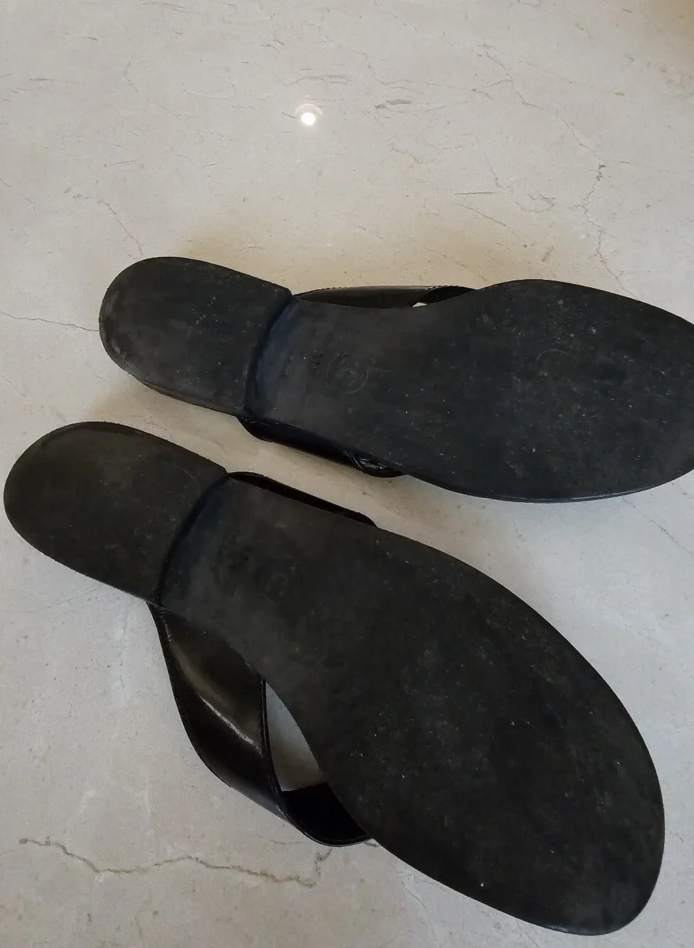 Authentic CHANEL Black Leather Thong Sandals with Gold CC Accent